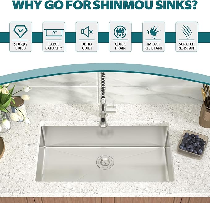 Undermount Kitchen Sink 33x19x9 Inch Deep Single Bowl 18 Gauge Stainless Steel Under Counter Sinks Basin With Drain Strainer