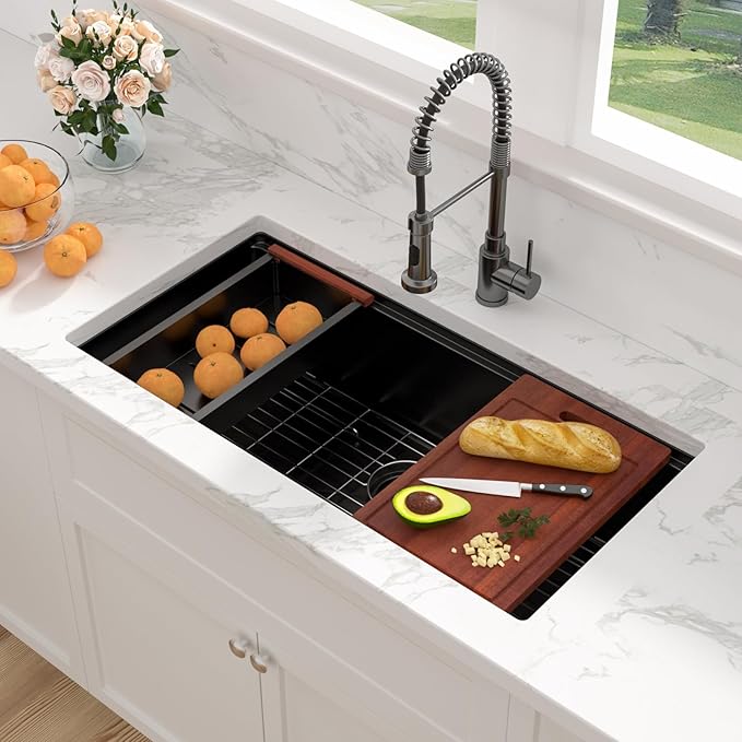 Sarlai 36 Matte Black Undermount Kitchen Sink - 36x19 Inch Black Kitchen Sink Workstation with Ledge NANO-Tech Stainless Steel Single Bowl Round Corner 16 Gauge Sinks Basin