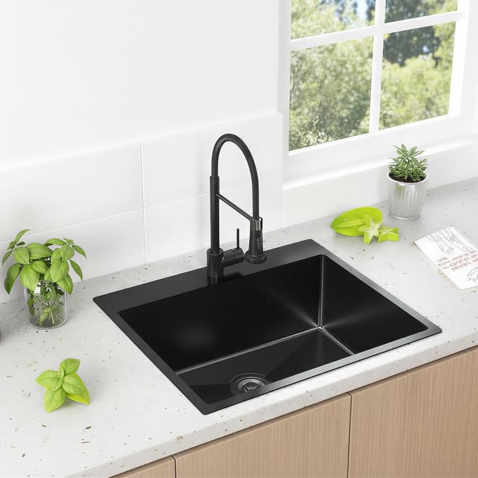 KINGO HOME 22x18 Inch Black Kitchen Sink,Drop In 16 Gauge RV Small Kitchen Bar Sinks,Stainless Steel Topmount Outdoor Prep Single Bowl Workstation Wet Bar Sink with Stainless Steel Strainer