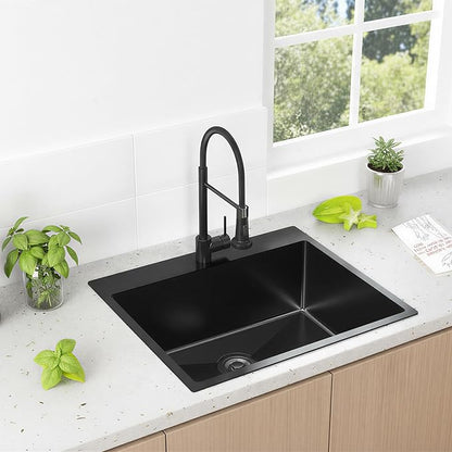 KINGO HOME 25x22 Inch Black Drop In Kitchen Sink, 25 Inch Gunmetal Black RV Laundry Utility Sinks, Top Mount 16 Gauge Stainless Steel Single Bowl Deep Small Kitchen Sink