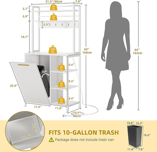 YITAHOME White 6-Tier Pantry Cabinet with Storage, Trash Can Bin & Power Outlets, Large Freestanding Microwave Table for Coffee Bar, Kitchen & Dining Room, Bakers Rack with Charging Station