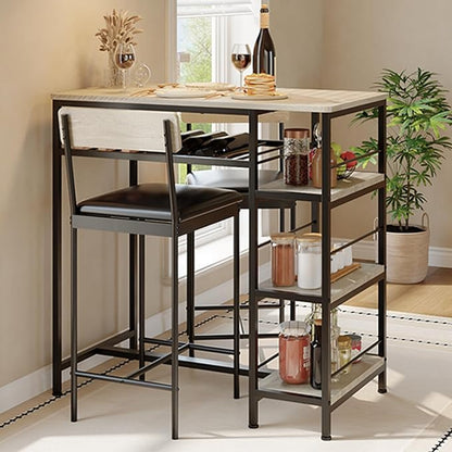 3-Piece Modern Dining Set, Dining Table Set with 2 Upholstered Bar Stools,Bar Table Set w/ Metal Frame&Built-in Wine Rack for Kitchen Dining Room Apartment Breakfast Nook 36"L x 16.7"W x 37.2"H Gray