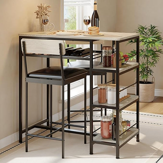 3-Piece Modern Dining Set, Dining Table Set with 2 Upholstered Bar Stools,Bar Table Set w/ Metal Frame&Built-in Wine Rack for Kitchen Dining Room Apartment Breakfast Nook 36"L x 16.7"W x 37.2"H Gray