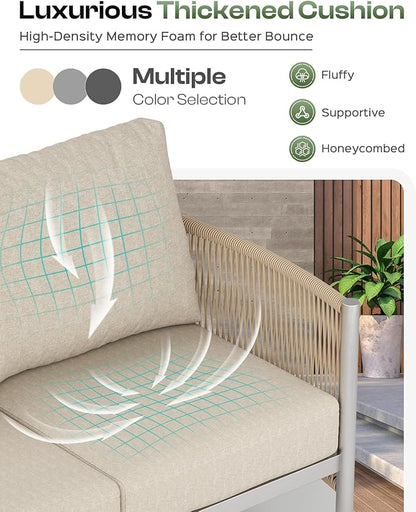 Aluminum Outdoor Patio Furniture Set with Dual-Layer Coffee Table, 5 Piece Modern Patio Conversation Sets with PE Rope, Outdoor Sectional Sofa with Thick Cushions for Balcony, Deck, Beige