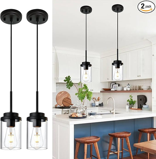 MELUCEE 2 Pack Pendant Lights for Kitchen Island Black Adjustable Hanging Ceiling Lamp with Clear Glass Shade, Industrial Glass Pendant Lights for Dining Table Hallway Bedroom Living Room
