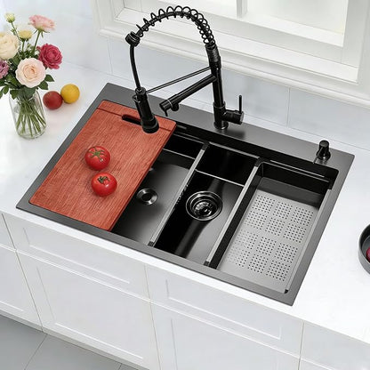 Black Kitchen Sink Modern 33x22 Drop In Kitchen Sink with Faucet Large Gunmetal Black Stainless Steel Sink Single Bowl Workstation Top Mount Kitchen Sinks