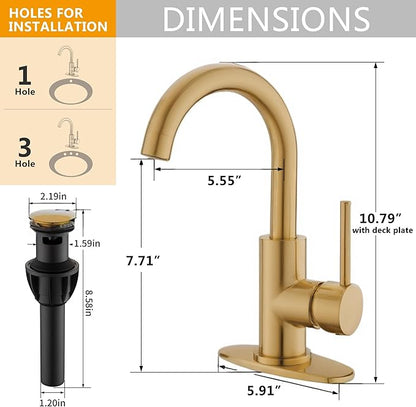 Gold Bathroom Faucets - Single Hole Waterfall Vanity Sink Faucet with Drain Assembly, Brushed Gold Waterfall Bathroom Faucets 360° Swivel Spout Vanity Faucet Single Handle Lavatory Faucets