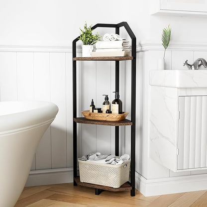Fun Memories 3 Tier Corner Shelf, 40” Corner Shelf Stand, Corner Bookshelf Plant Stand, Storage Shelf for Bathroom, Living Room, Kitchen,Grey Home Office, Brown
