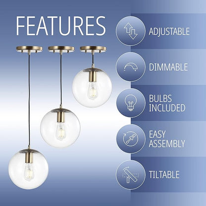 JONATHAN Y 7.75" Clear/Brass Gold Modern Globe LED Pendant Light, Industrial Hanging Ceiling Lamp for Kitchen Island, White Glass Globe Shade, LED Bulb Included (JYL9528C)