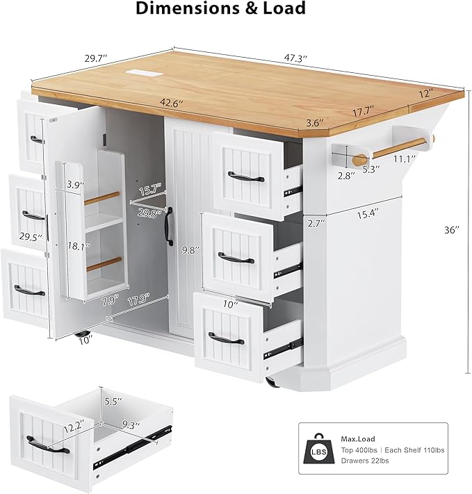 Ball & Cast 56" Large Modern Kitchen Island with Rubber Wood Veneer Drop Leaf, Power Outlet, 6 Drawers, 4 Door Shelves, White