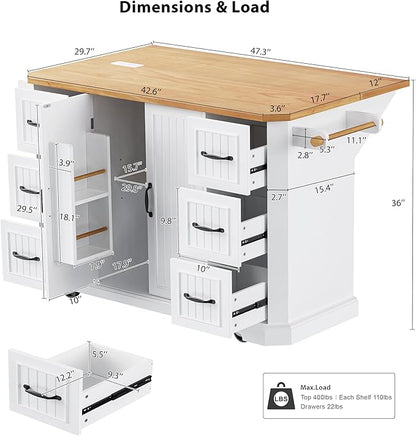 Ball & Cast 56" Large Modern Kitchen Island with Rubber Wood Veneer Drop Leaf, Power Outlet, 6 Drawers, 4 Door Shelves, White
