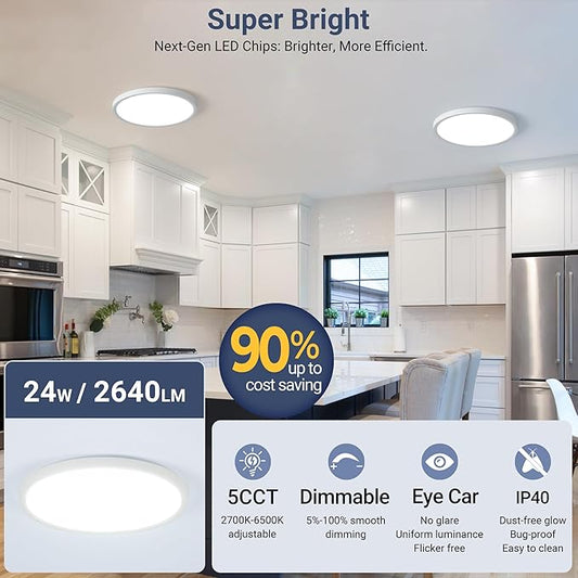 6 Pack 2640LM LED Flush Mount Ceiling Light, 24W Dimmable & 5 CCT Selectable (2700K-6500K), 12 Inch Ultra-Thin Round Flat Light Fixture for Bedroom Kitchen Hallway, White