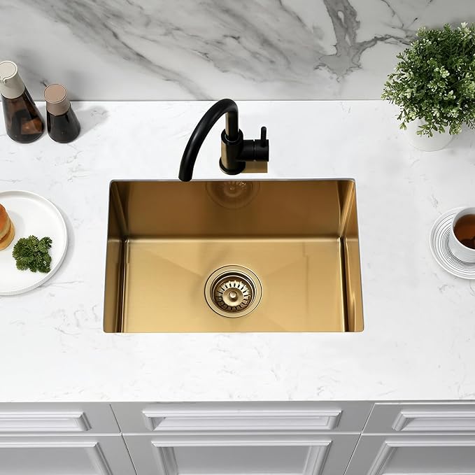 Gold Undermount Kitchen Sink, 22x16 Gold Kitchen Sink Undermount Utility Sinks Stainless Steel 18 Gauge Single Bowl Wet Bar Sinks with Basket Strainer