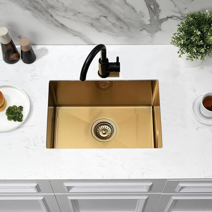 Gold Undermount Kitchen Sink, 22x16 Gold Kitchen Sink Undermount Utility Sinks Stainless Steel 18 Gauge Single Bowl Wet Bar Sinks with Basket Strainer