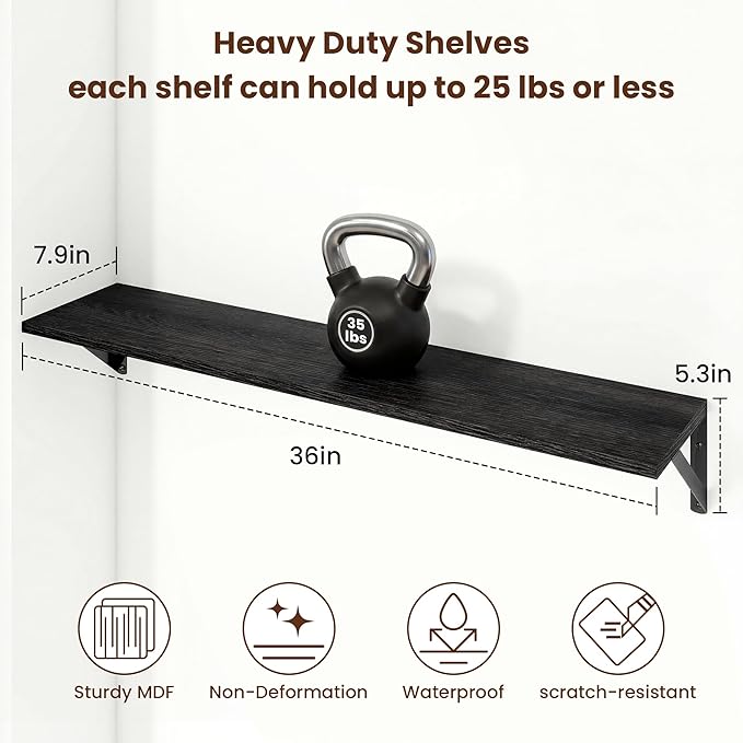 Axeman 36 Inch Floating Shelves | 8 Inch Deep Black Wall Shelves Set of 2 | 36''W x 8''D Rustic Black Wood Shelves for Bathroom Living Room Bedroom Kitchen