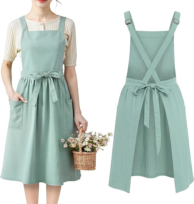 100% Cotton Aprons with Pockets Pinafore Dress for Women Vintage Cute Aprons for Kitchen Baking Gardening Painting