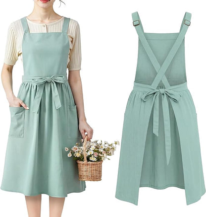100% Cotton Aprons with Pockets Pinafore Dress for Women Vintage Cute Aprons for Kitchen Baking Gardening Painting