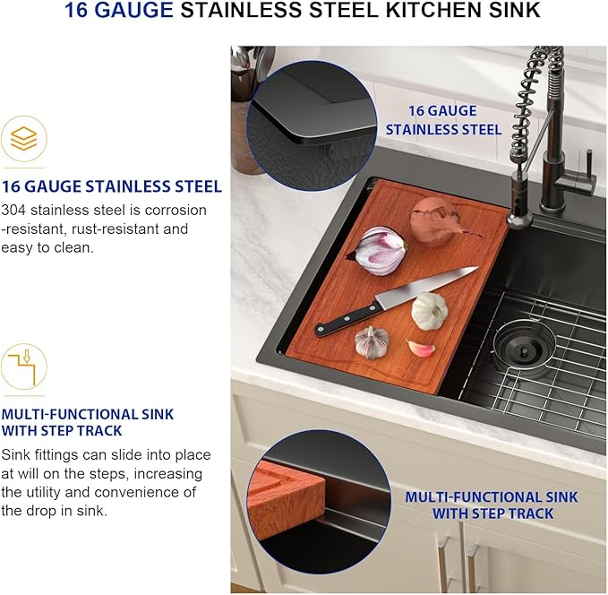 Dcolora 30 Inch Black Kitchen Sink Drop In, Nano-PVD Black Stainless Steel Workstation Sink Single Bowl Topmount with Accessories All-In-One, #DC-T8863 30"x22"x10"