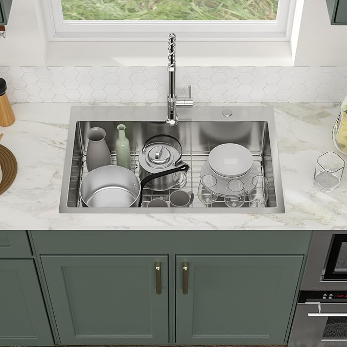 Logmey 33 Drop In Kitchen Sink - 33x19 Inches Stainless Steel Drop-in Kitchen Sinks 16 Gauge Round Corner Topmount Sink Overmount Single Bowl Kitchen Sinks