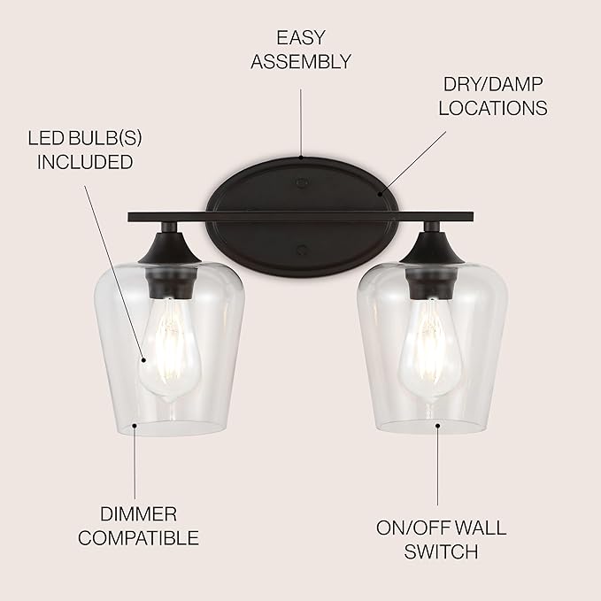 JONATHAN Y 15.75" Oil Rubbed Bronze 2-Light Farmhouse Rustic LED Vanity Light Sconce, Clear Glass Shade, Vintage Indoor Fixture for Bathroom Mirror, LED Bulb Included (JYL7546A)
