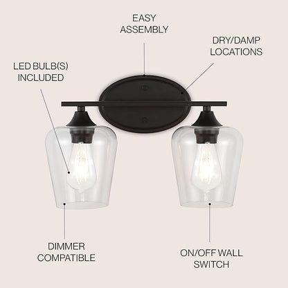 JONATHAN Y 15.75" Oil Rubbed Bronze 2-Light Farmhouse Rustic LED Vanity Light Sconce, Clear Glass Shade, Vintage Indoor Fixture for Bathroom Mirror, LED Bulb Included (JYL7546A)