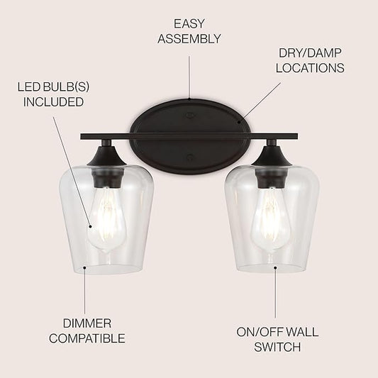 JONATHAN Y 15.75" Oil Rubbed Bronze 2-Light Farmhouse Rustic LED Vanity Light Sconce, Clear Glass Shade, Vintage Indoor Fixture for Bathroom Mirror, LED Bulb Included (JYL7546A)