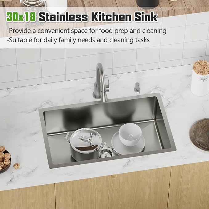 Kitchen Sink, 30x18 Inch Stainless Steel Undermount Modern Single Bowl Drop In Kitchen Sink Combo-Silicon Mat,Drain Strainer Set Offering Large Basin And Compatibility With Various Kitchen&Bar Style
