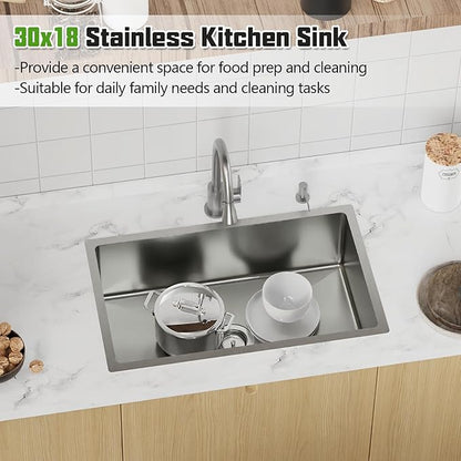 Kitchen Sink, 30x18 Inch Stainless Steel Undermount Modern Single Bowl Drop In Kitchen Sink Combo-Silicon Mat,Drain Strainer Set Offering Large Basin And Compatibility With Various Kitchen&Bar Style
