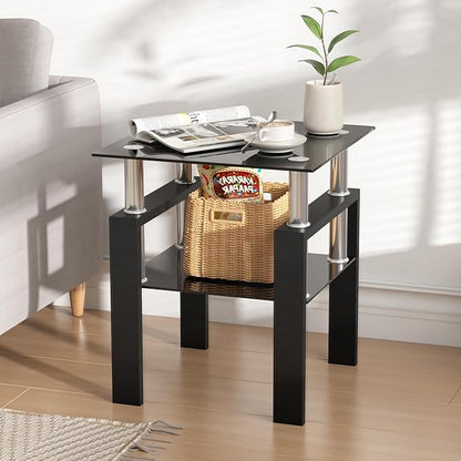 IANIYA Modern Glass Side Table, 2-Tier End Table with Tempered Glass Top & Metal Legs, Night Stand Corner Small Table for Living Room, Bedroom, Small Space All Black