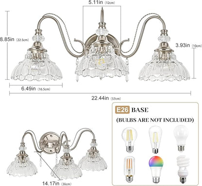 Brushed Nickel Bathroom Vanity Light, 3-Light Nickel Finish Wall Sconce with Hanging Crystal Accents and Flower-Shaped Clear Glass Shades, Modern Wall Mount Vanity Light Over Mirror for Bathroom