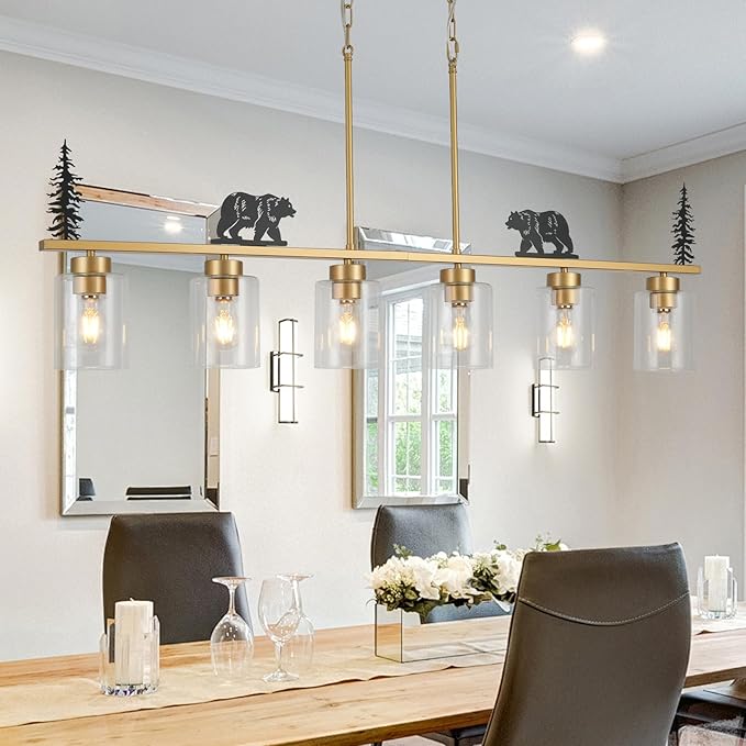 Gold Dining Room Light Fixture/Chandelier Over Table,6-Light Kitchen Island Lighting Hanging for Farmhouse Linear Chandeliers Ceiling Pendant Light Fixtures with Clear Glass Shade