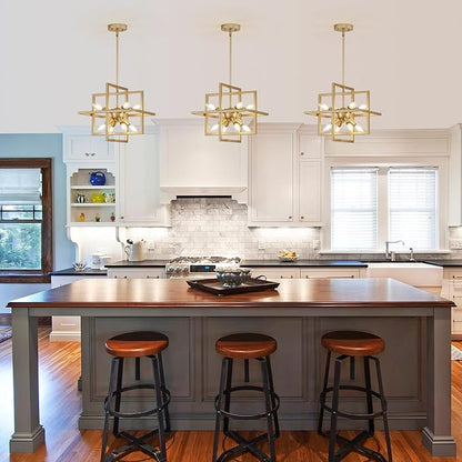 8 Lights Gold Chandelier, Farmhouse Dining Room Light Fixture, Small Modern Chandeliers, Industrial Geometric Hanging Pendant Light for Kitchen Island, Bedroom, Living Room, Foyer, Hallway