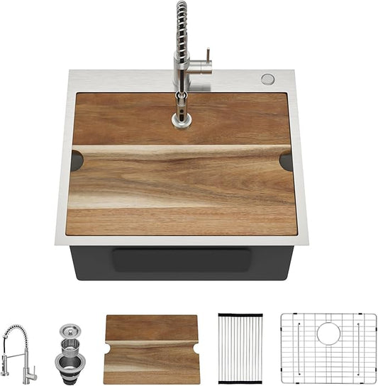 Outdoor Kitchen Sink - Drop In Utility Sink with Faucet Combo 25x22x12 Topmount Workstation 16 Gauge Stainless Steel Single Bowl Sinks for Laundry Room, Outdoor, Garage #TLT-0063