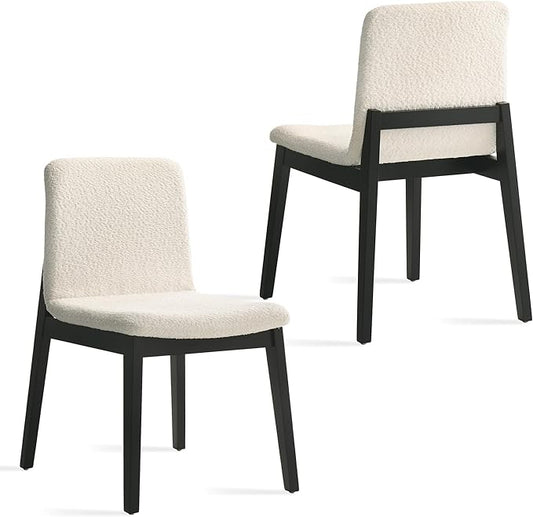 Boucle Upholstered Dining Chair with Sturdy Rubberwood Frame&Legs, Mid Century Modern Kitchen Chairs Set of 2, Beige (Eassy Assembly)