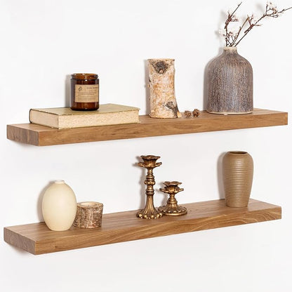 30 Inch Floating Shelves Set of 2, Rustic Solid Elm Wood Floating Shelf for Farmhouse, Living Room, Bedroom, Wall Mounted Bathroom Shelves Heavy-Duty Wall Shelf with Invisible Bracket, Natural