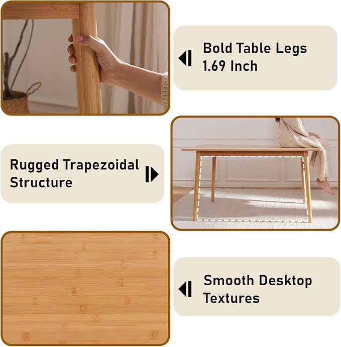 BAKEVE Bamboo Dining Table for 4-6-8 Person- 55'' Solid Wood Kitchen Table, Mid Century Modern Desk, Farmhouse Rectangular Dining Room Table for Living Room, Office, Kitchen and Study (Natural)