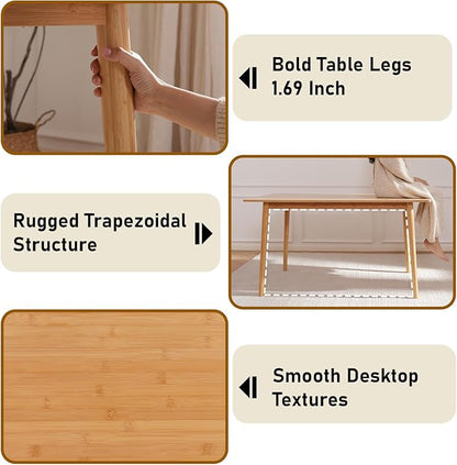 BAKEVE Bamboo Dining Table for 4-6-8 Person- 55'' Solid Wood Kitchen Table, Mid Century Modern Desk, Farmhouse Rectangular Dining Room Table for Living Room, Office, Kitchen and Study (Natural)