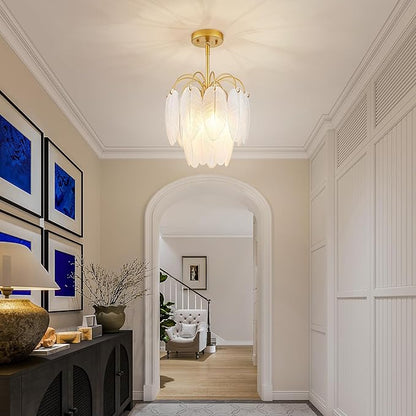 LumFurn D12inch 3-Light Glass Chandeliers, Modern 2-Tier Pendant Light Fixture for Dining Room, Living Room, D12x18~47Inch Adjustable Height, White Frosted Glass Feather Shade & Gold Finish Frame