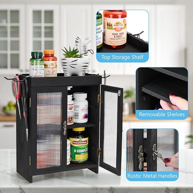 Ikee Design Wooden Countertop Storage Cabinet with Wavy Magnetic Door, Adjustable Shelves, Removable Hooks. Perfect for Perfume, Figurines, and Coffee Cups, Black Color, 10.4 W x 6.1 D x 14.4 H in