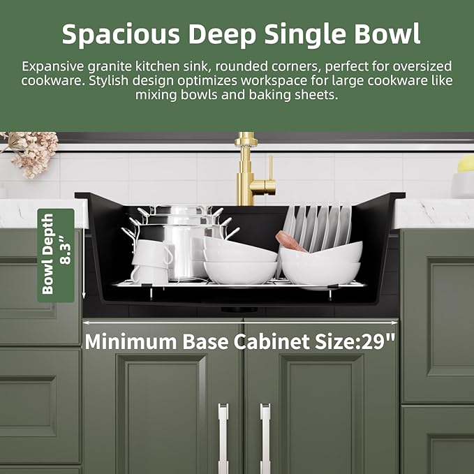 Davivy 25 Inch Black Granite Composite Kitchen Sink Workstation, Quartz Kitchen Sink Black, Drop in & Undermount Installation, Single Bowl Design with Accessories
