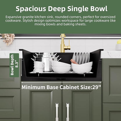 Davivy 25 Inch Black Granite Composite Kitchen Sink Workstation, Quartz Kitchen Sink Black, Drop in & Undermount Installation, Single Bowl Design with Accessories