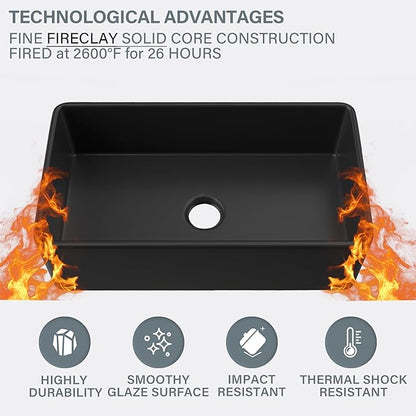 Black Farmhouse Sink 33 x 18 Inch, Single Bowl Firecaly Apron Front Undermount Farm Sink, with Accessories 2 Types, Matte Black, for Kitchen