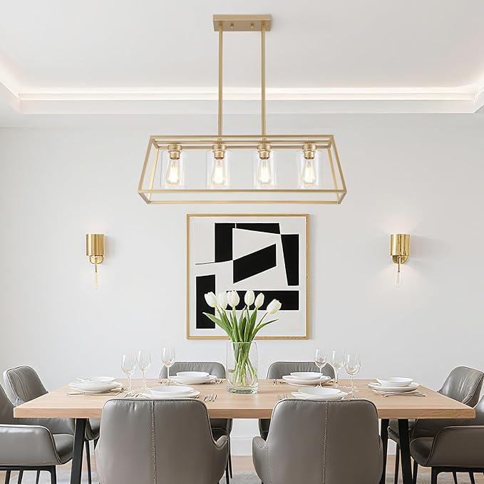4-Light Gold Chandeliers for Dining Room | Modern Kitchen Island Light Fixture | Rectangle Chandelier for with Clear Glass Shade | Apply to Dining Room Light fixtures Over Table