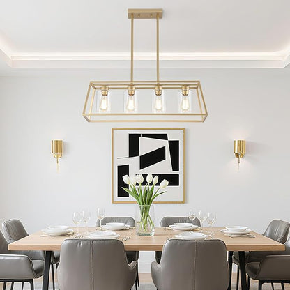 4-Light Gold Chandeliers for Dining Room | Modern Kitchen Island Light Fixture | Rectangle Chandelier for with Clear Glass Shade | Apply to Dining Room Light fixtures Over Table