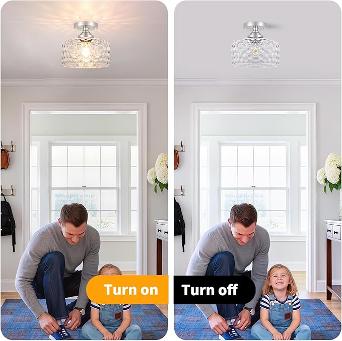 Daunton Small Semi Flush Mount Ceiling Light Fixture, Vintage Brushed Nickel Close to Ceiling Lighting with Hammered Glass Shade for Hallway, Kitchen, Entryway (Retro Design, Easy Install)