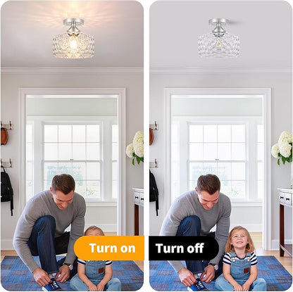 Daunton Small Semi Flush Mount Ceiling Light Fixture, Vintage Brushed Nickel Close to Ceiling Lighting with Hammered Glass Shade for Hallway, Kitchen, Entryway (Retro Design, Easy Install)