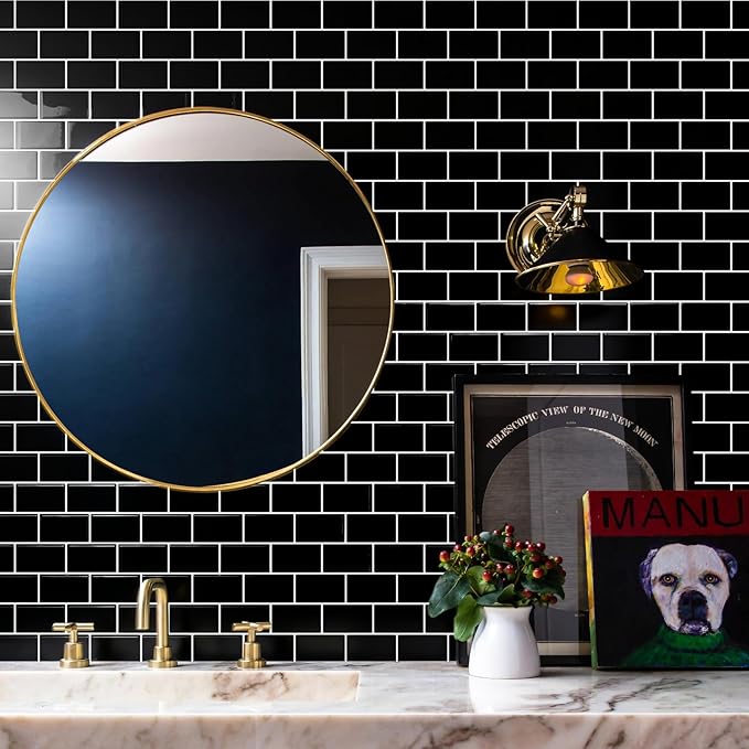 STICKGOO 5-Sheet Subway Tiles Self Adhesive Kitchen Splashbacks, Peel and Stick Wall Tile Stickers, Stick on Tiles Splashback (Black, Thicker Design)