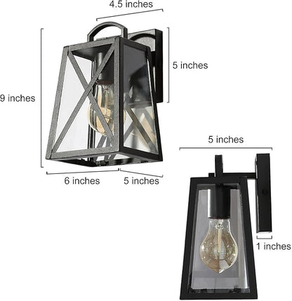 Black Outdoor Wall Sconce Lights, Farmhouse Trapezoid Anti-Rust Waterproof Outdoor Porch Lights Wall Mount Exterior Light Fixture with Clear Glass for Patio, Froot Door, Garage