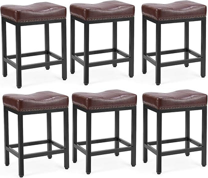 Sweetcrispy 24 inch Bar Stools Set of 6, Upholstered Modern Counter Height Bar Stools for Kitchen Island Modern PU Leather Sadless Stools Chair with Metal Base and Footrest,Brown