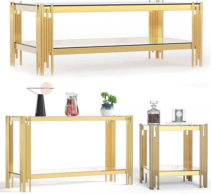 Henf Modern Glass Coffee Table Set with Storage Shlef 3 Piece Gold Living Room Tables Set Including Coffee Sofa End Tables Set,Stainless Steel Frame, Tempered Glass Top for Living Room Home Office